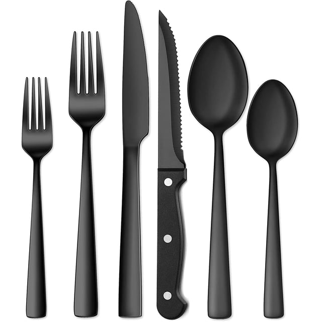 48-Piece Black Flatware Set with Steak Knives for 8, Yoehka Stainless Steel Silverware Cutlery Set Home Kitchen Eating Utensils Set, Tableware Include Fork Knife Spoon Set, Mirror Polished