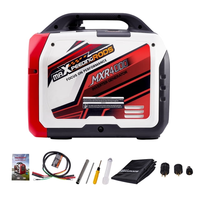 Maxpeedingrods 4000 Watt Portable Inverter Generator Gas Powered for Camping RV Home Backup. The MXR4000 model features a compact suitcase design with a red and white exterior, a single-cylinder 4-stroke OHV engine, and a power output of 4000 peak watts and 3200 running watts. It operates at a quiet 58-60 dB and includes multiple outlets such as 2x 120V 20A, 1x 120V 30A, and 2 USB ports. Accessories shown include a spark plug socket wrench, oil funnel, screwdriver, generator dust cover, parallel cables, and an adapter. Ideal for camping, RV travel, and emergency home backup power.