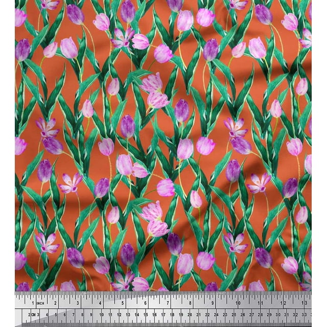 Soimoi Poly Georgette Fabric Leaves & Tulip Floral Print Sewing Fabric Yard 52 Inch Wide