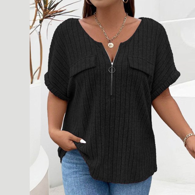 Offres jusqu'à 70 % de Réduction! Hauts d'Été pour Femmes 2024 Grande Taille Mode Printemps/couleur Unie Col Rond Manches Courtes Chemise Décontractée Cadeau pour Femmes en Solde
