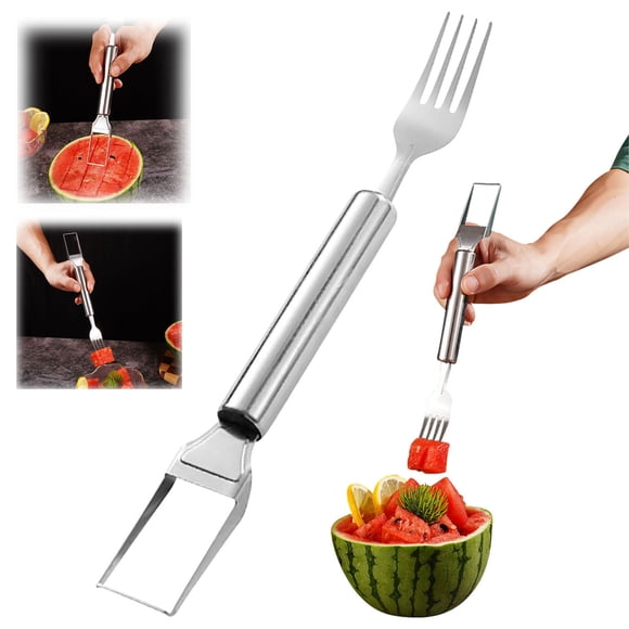 Seyotauo Stainless Steel Watermelon Cutter and Fork 2-in-1 Tool, Portable Fruit Slicer with Foldable Stand, Easy Push to Cut Watermelon Melon Kiwi, for Kitchen Home BBQ Party Picnics