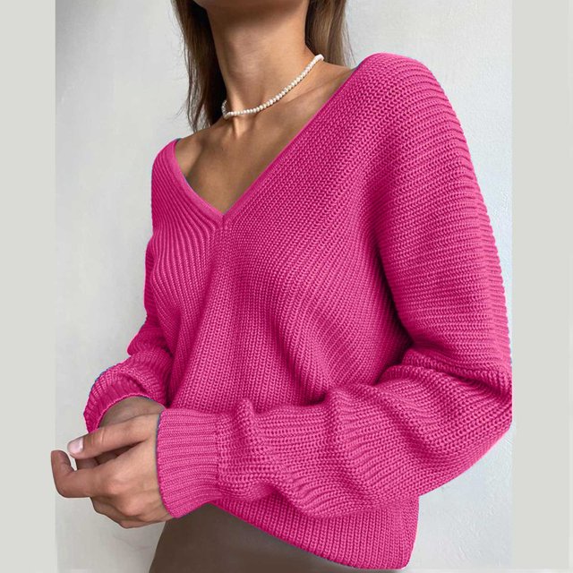 EGNMCR Chandails pour Femmes Mode Chandail Décontracté à Manches Longues Uni Tricoté à Col en V