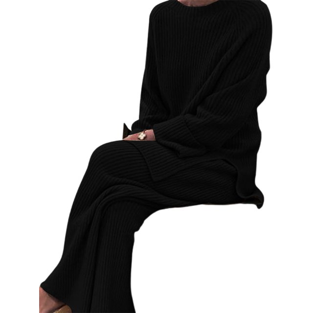 Innerwin Two Piece Outfits Wide Leg Ladies Lounge Set Holiday Long Sleeve Loose Sweater Sets Black XL