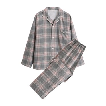Weiqiqre Mens Pajama Sets Casual Plaid Print Homewear Breathable Long-Sleeve Tops Trousers Turndown Collar Night Pajamas Suits