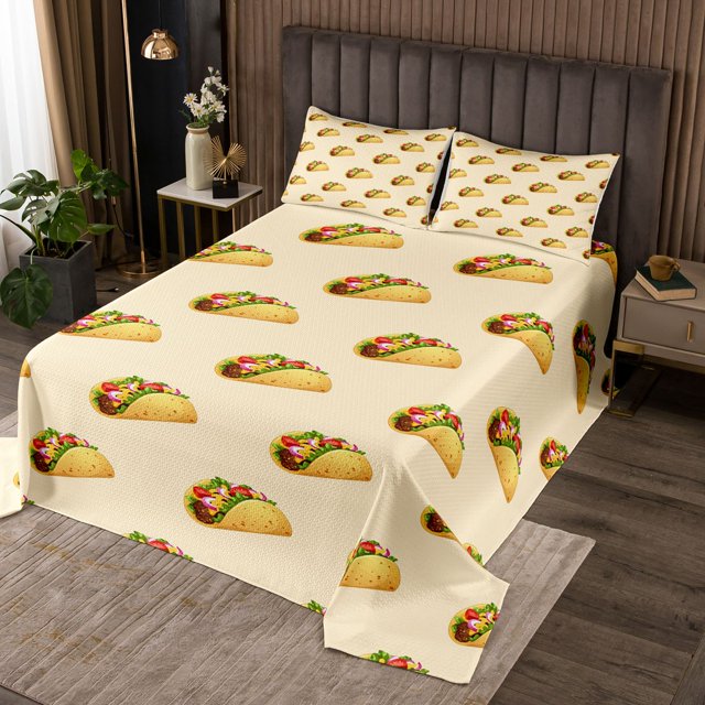 YST Taco Quilt Set Mexican Fast Food Coverlet Set Twin Mexican Party Decorations Bedspread Set, Delicious Food Cartoon Style Bedding Set With 1 Pillow Case