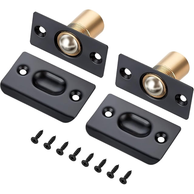 2Pack Closet Door Ball Catch Hardware Adjustable with Strike Plate Catch in black and silver. Includes two ball catches with brass and metal construction, strike plates, and eight screws for installation. Features adjustable length and compression force for various door seam thicknesses. Compact dimensions of 53mm x 26mm x 32mm with a mounting hole distance of 40mm and diameter of 4.1mm. Designed for durability with a solid brass body, anti-rust stainless steel plate, and fatigue-resistant spring.