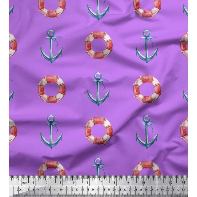Soimoi Purple Poly Georgette Fabric Life Ring & Anchor Hook Nautical Print Sewing Fabric Yard 42 Inch Wide