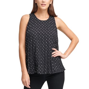DKNY Women’s Pleated Foil Star-Print Sleeveless Top (Black Silver, Xs)