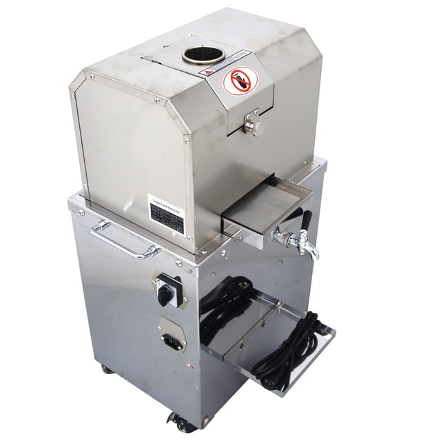 4 Rollers Electric Sugarcane Juicer Sugar Cane Press Juice Machine 110V with a stainless steel body and four castors for easy mobility. Features include four stainless steel rollers for efficient juice extraction with a 75% juice rate, a spring gap adjustment for automatic sugarcane size fitting, and a change-over switch for roller direction control. Designed with a fine filter screen for direct drinkable juice and suitable for sugarcane, ginger, and other applications in hotels, fruit shops, and supermarkets. Includes a sturdy handle and food-grade 304 stainless steel components.