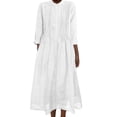 thumbnail image 2 of Robes Maxi en Coton et Lin pour Femmes, Robe Tunique à Boutons Col Ras du Cou Manches Longues Plissée Ligne a Fluide Longues Robes Robes d'Été pour Ados Blanc TTG, 2 of 9
