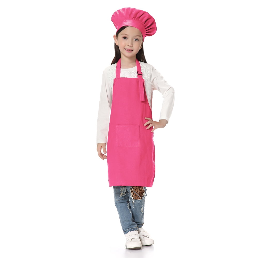 TOPTIE Kids Apron and Chef Hat Set, Adjustable Cotton Child Cooking Kitchen Apron, S-XXL-Hot Pink-XL