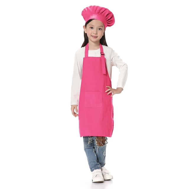 TOPTIE Kids Apron and Chef Hat Set, Adjustable Cotton Child Cooking Kitchen Apron, S-XXL-Hot Pink-XL