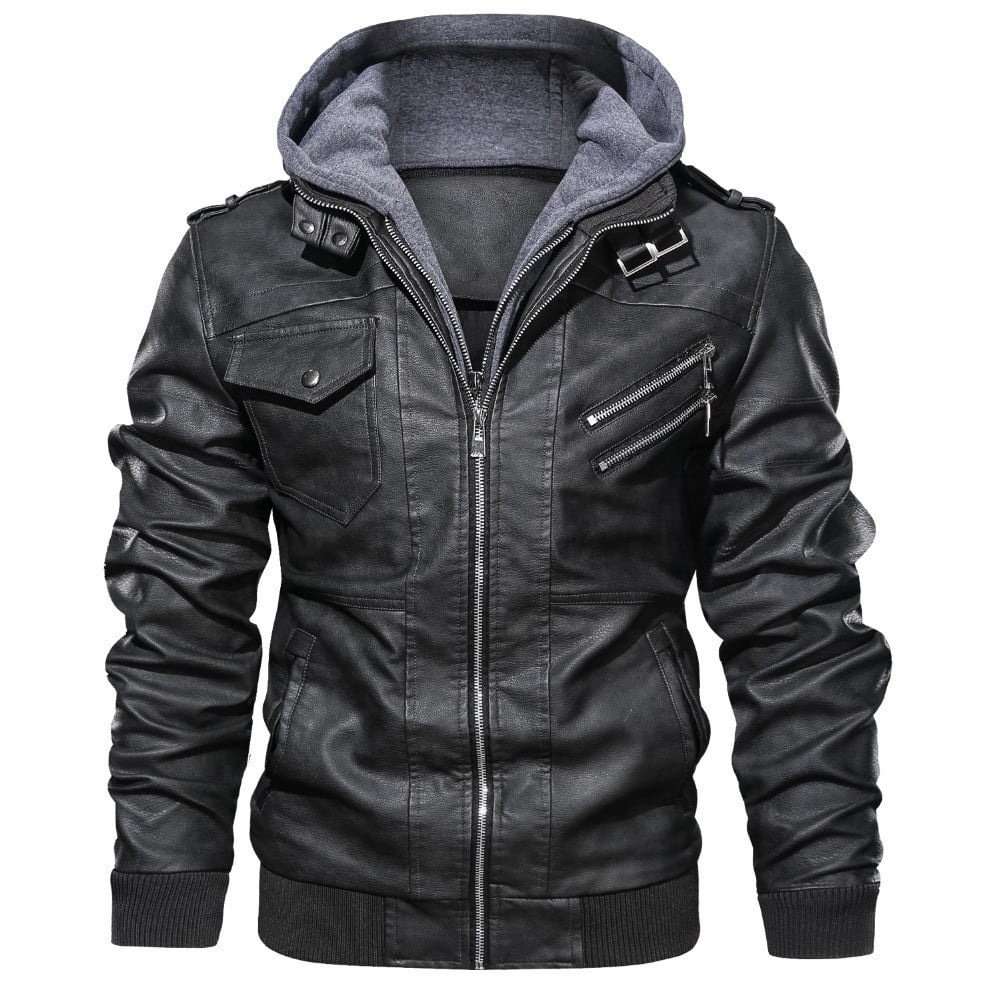 CEHVOM Leather Jacket Men's Slim Hooded Jacket Plush Thickened Leather Jacket