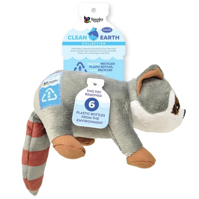 Clean Earth Plush Raccoon Dog Toy - 100% Sustainable, small grey and white plush raccoon dog toy with brown facial markings, orange-brown paws, and striped tail, made from recycled plastic bottles with a hang tag showing 6 bottles removed from the environment, floats and includes a built-in squeaker, part of Spunky Pup's eco-friendly Clean Earth Collection, also suitable as a floating fetch toy for dogs.