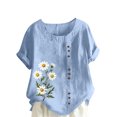 thumbnail image 1 of Pisexur Hauts pour Femmes, Chemisiers pour Femmes Chic Décontracté, Haut en Lin Décontracté pour Femmes à Col Rond Grande Taille Imprimé à Manches Courtes avec Boutons T-shirt Blouse Bleu Pâle, S, 1 of 2