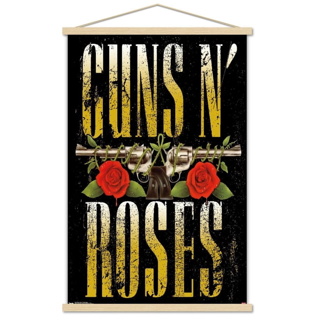 Guns N' Roses - Stacked Logo Wall Poster, 22.375" x 34" with distressed yellow gradient text on black background, featuring two crossed silver revolvers wrapped in green vines and flanked by red roses, printed on glossy paper with wooden hangers, suitable for bedroom or office wall décor.