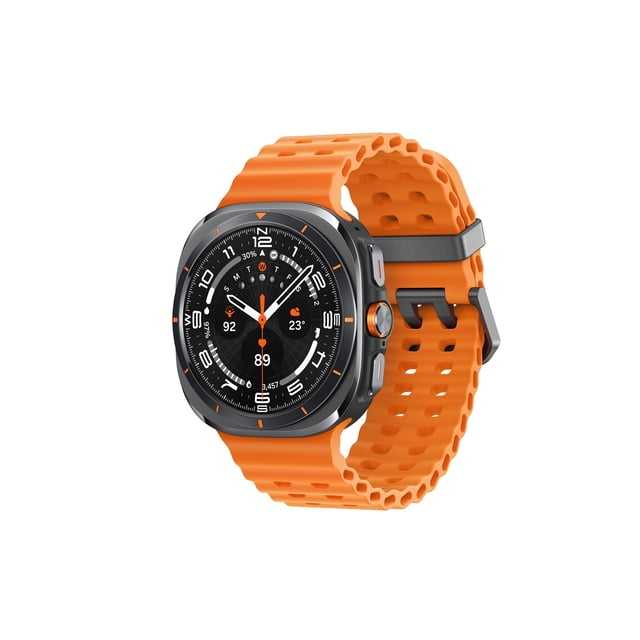 Samsung Montre Ultra 47 mm LTE avec Boîtier en Titane et Bracelet en silicone Perforé orange Vif, Affichant un Cadran Noir avec Aiguilles Analogiques, Fréquence Cardiaque, Température et Nombre de Pas, Conçue pour le Suivi de la Condition Physique, la navigation Extérieure et la Nage en Océan.