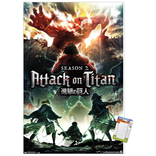 Attack on Titan - Season 2 Teaser One Sheet Wall Poster, 22.375" x 34" depicting a dramatic anime scene with a colossal red Titan breaking through a wall, three armed characters in green cloaks with swords facing it amid lightning and smoke, printed on glossy paper suitable for anime-themed home décor.