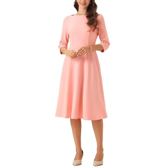 INSPIRE CHIC Vintage 3/4 Sleeve Dress for Women's Elegant Boat Neck Wear to Work Dress Trendy M Pink