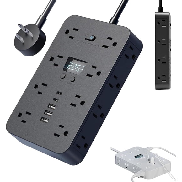 16-in-1 Power Strip with Switch & Surge Protection, 16 in 1 Surge Protector, Flat Plug Power Strip Surges Protector, 16 Ac Outlets, 3 USB & 2 Type-C Ports, Time Display for Home,Office (#a-black-10ft)