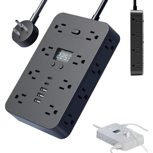 16-in-1 Power Strip with Switch & Surge Protection, 16 in 1 Surge Protector, Flat Plug Power Strip Surges Protector, 16 Ac Outlets, 3 USB & 2 Type-C Ports, Time Display for Home,Office (#a-black-10ft)