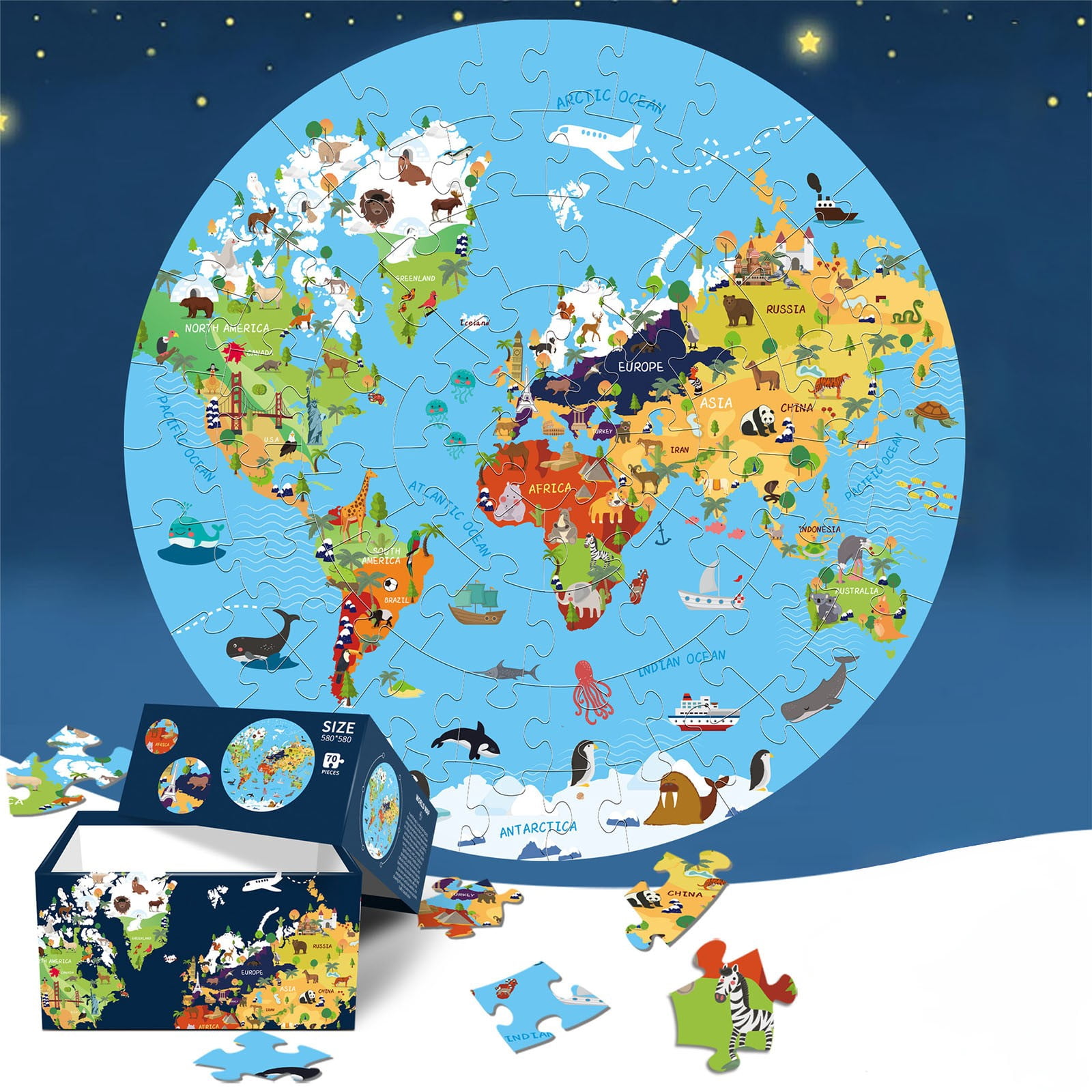 Herunwer World Map Jigsaw Puzzle,Large Round Floor Puzzles Puzzle Globe Geography Games Educational Toys Birthday