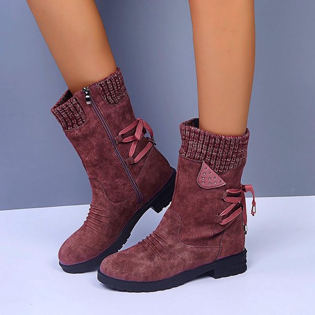 jsaierl Chaussures de Mode pour Femmes Bottes Rétro Western Décontractées Chaudes Talons Bas Bottes Mi-Mollet