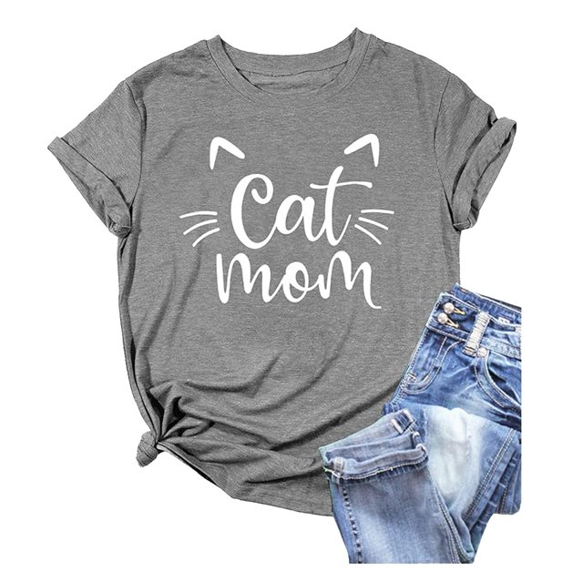 LUOGENLI T-shirts pour Femme pour Femmes T-Shirt à Col Rond d'Été à Imprimé Chat Coloré en Coton à Manches Courtes Haut T-Shirt T-shirts pour Femmes T-Shirt Graphique Vêtements d'Été Gris TTTG