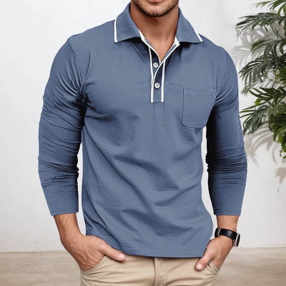 Adult Work Polo Shirts for Men Long Sleeve Button Polo Tees Lightweight Blue Shirts Men