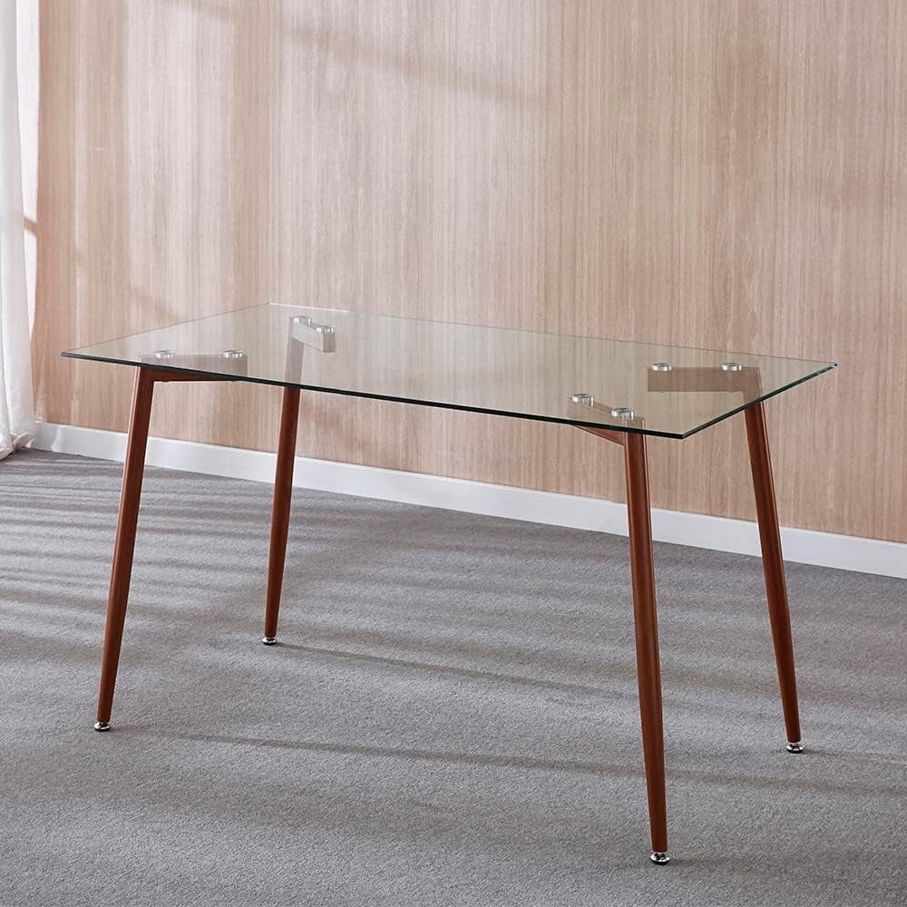 Heavenly Collection Modern Rectangular Tempered Glass Dining Table - Mid-Century Kitchen Table with Walnut-Finished Metal Legs - Ideal for Dining Rooms & Small Spaces