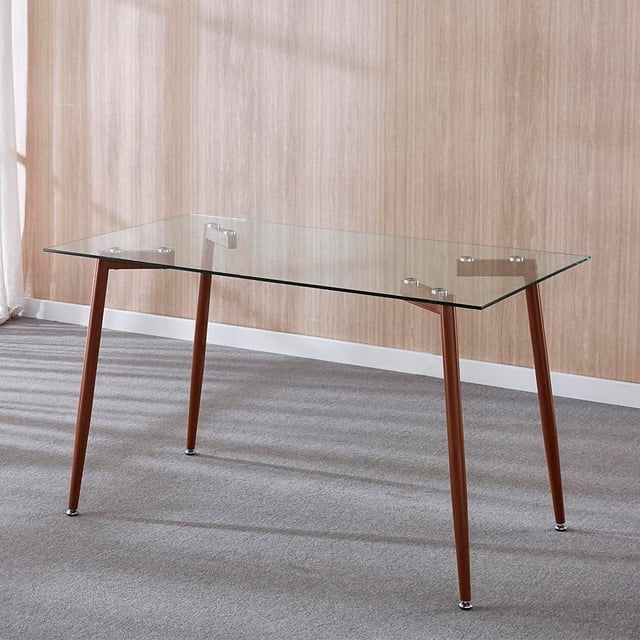 Heavenly Collection Modern Rectangular Tempered Glass Dining Table - Mid-Century Kitchen Table with Walnut-Finished Metal Legs - Ideal for Dining Rooms & Small Spaces