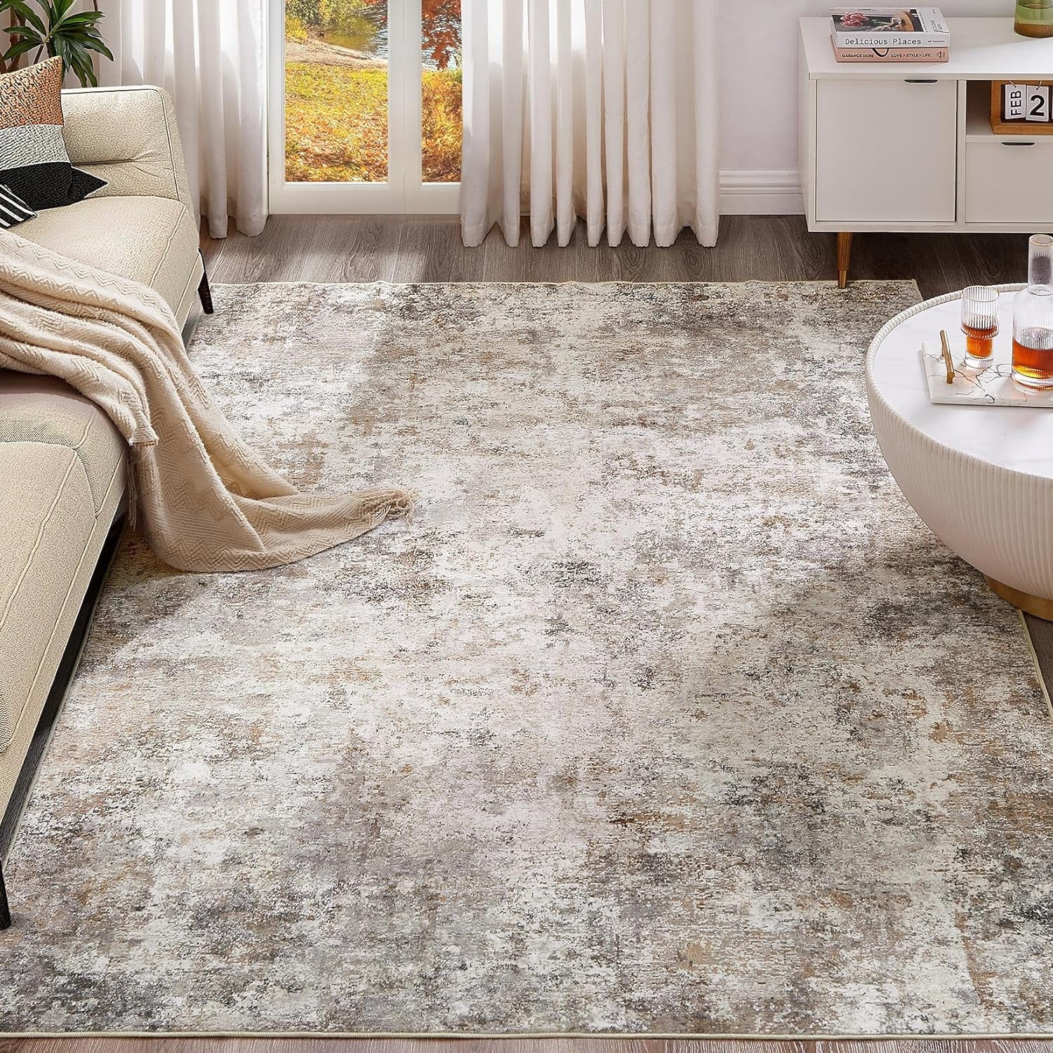 9x12 Area Rug Living Room Rugs - Washable Neutral Modern Abstract Soft Thin Large Rug Indoor Floor No Slip Rug Carpet for Bedroom Under Dining Table Home Office Decor - Brown Grey