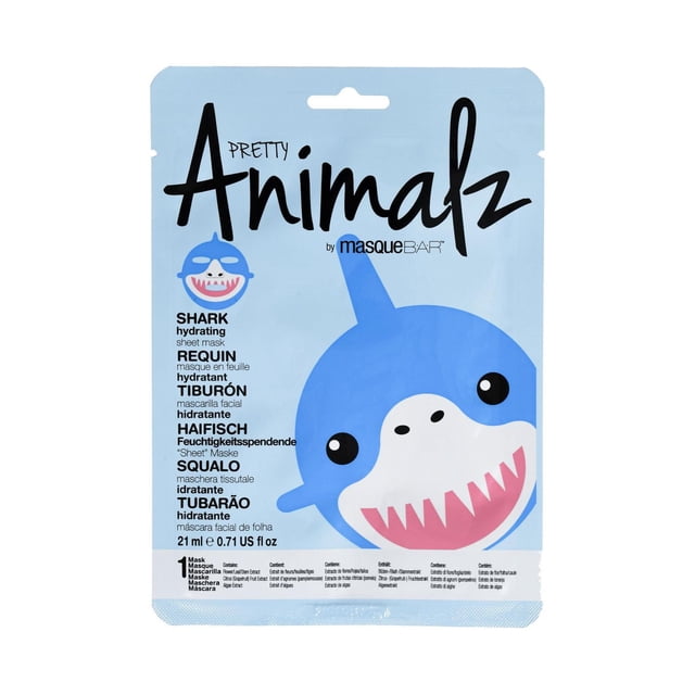 Pretty Animalz Shark Sheet Mask in light blue packaging featuring a cartoon shark face, hydrating 21 ml (0.71 US fl oz) facial sheet mask by Masque Bar with algae and grapefruit extracts to nourish and brighten skin, ideal for all skin types and skincare routines.