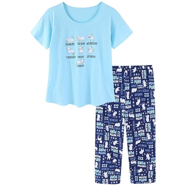Ensemble de Pyjama en Coton pour Femmes, Haut à Manches Courtes, Pantalon Capri, Vêtement de Nuit, Grande Taille P-3TG