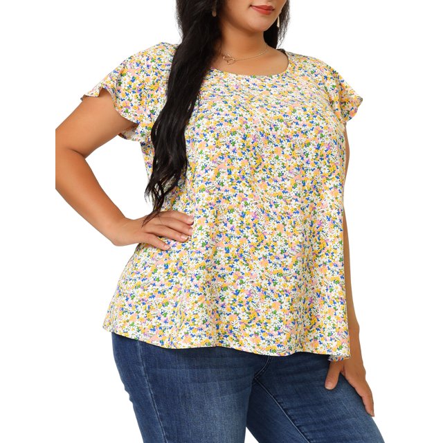 Agnes Orinda Hauts Floraux pour Femmes Grande Taille Col Rond Manches Courtes Évasées Blouse Décontractée Printemps Été 1X Rose