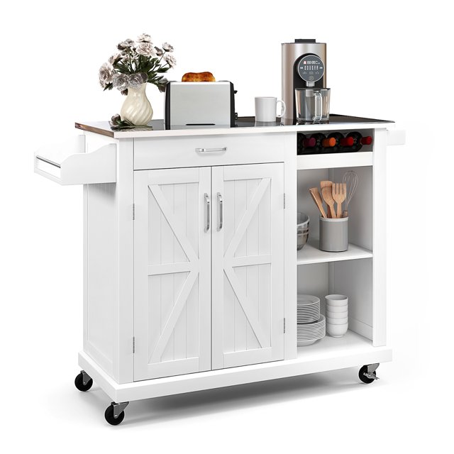 Costway Cuisine Île Chariot Roulant Utilitaire Chariot en Acier Inoxydable Porte-Bouteilles Blanc