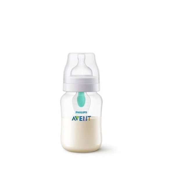 Philips Avent Biberon Anti-Coliques pour Bébé avec Évent AirFree, 9 Oz, Bouteille en Plastique Transparente Sans BPA avec Capuchon Blanc et Tétine, Dotée d'Un Évent AirFree turquoise Conçue pour Réduire l'Ingestion d'Air et les Coliques en Gardant la Tétine Pleine de Lait pendant l'Allaitement.