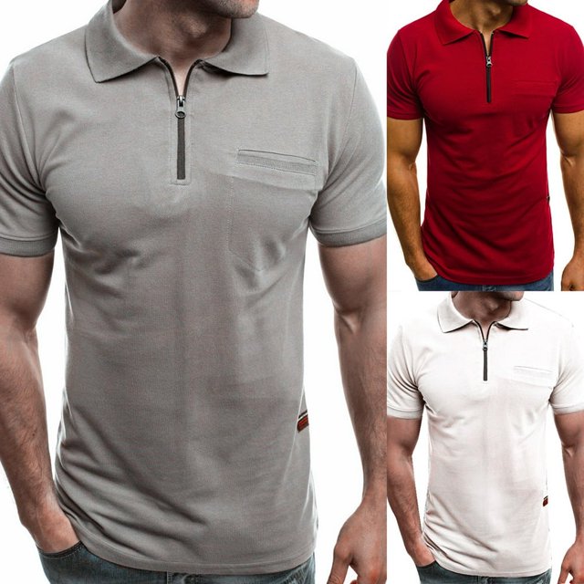 T-Shirt à Manches Courtes pour Hommes, Couleur Unie, avec Poche à Rabat, Fermeture Éclair et Col Rabattu