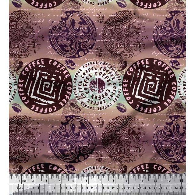 Soimoi Crepe Silk Fabric Text,Floral & Greek Key Block Print Fabric by the Yard 42 Inch Wide
