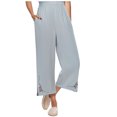 thumbnail image 2 of Womens Wide Leg Cropped Pants Cotton Linen Elastic High Waisted Palazzo Pants with Pockets Gray, 2 of 7
