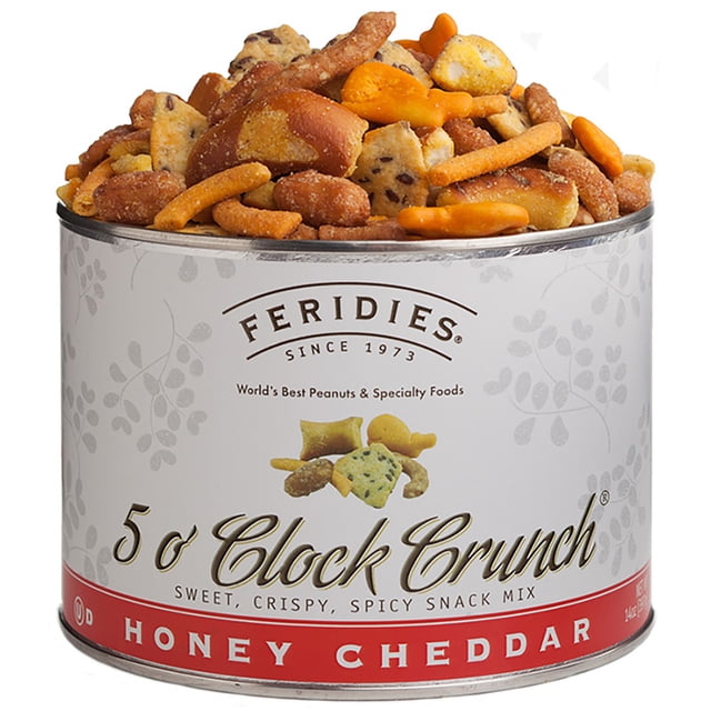 Feridies Mélange Montagnard Croustillant 5 O'Clock dans une Boîte Métallique de 170 g, Comprenant un Mélange d'Arachides de Virginie Rôties au Miel, de Craquelins au cheddar de Canard, de Bâtonnets de Maïs Chili-Citron, de Bâtonnets de Sésame Rôtis au Miel, de Bâtonnets de Bretzel Miel-Moutarde et de Croustilles de Maïs Salées avec des Graines de Lin. la Boîte Métallique Met en Valeur la Marque Feridies et les Détails du Produit,