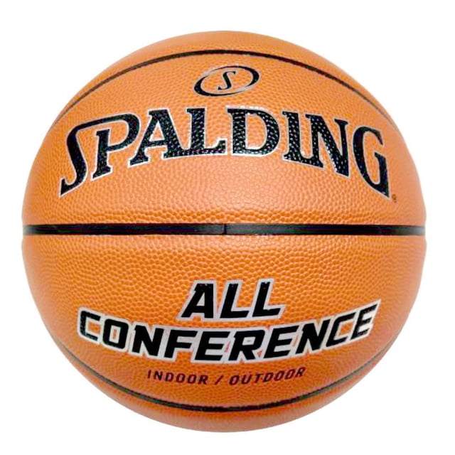 Spalding Conférences Ballon de Basketball Composite pour Toutes les, Taille 7/29,5 Pouces avec une Couverture Entièrement Galettée en Composite et des Lignes en Canal Noires, Vue Orientée vers l'Avant Montrant Spalding et Tous les logos de Conférence, Conçu pour le Jeu Intérieur et Extérieur avec une Prise Ferme.