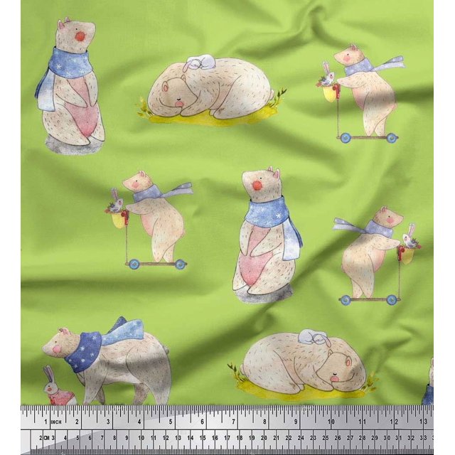 Soimoi Tissu Satin Soie Cycle,Rabbit & Bear Tissu Imprimé pour Enfants au Mètre 42 Pouces de Large