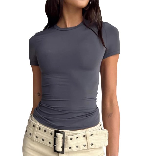 LSLJS T-Shirts pour Femmes T-shirt à Manches Courtes pour Femmes Couleur Unie Basique Col Rond Haut Décontracté Chandail T-shirt
