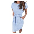 thumbnail image 1 of B91xZ Femmes 2024 Été Midi Robe Manches Courtes Wrap V Cou Cravate Taille Volant une Ligne Mini Robes de Bal, Bleu S, 1 of 5