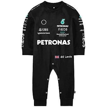 F1 New Season Sport Baby Jumpsuit in black, designed for baby boys and girls aged 0-36 months. Features a Formula One racing team-inspired print with logos, full sleeves, O-neck collar, and pullover closure. Made from spandex material, ideal for spring and autumn seasons.