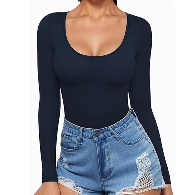 tarylea Women's Cute Tops U Neck Ribbed Slim Fitted Tops Long Sleeve Solid Color Shirts Casual Fall Going out Tops
