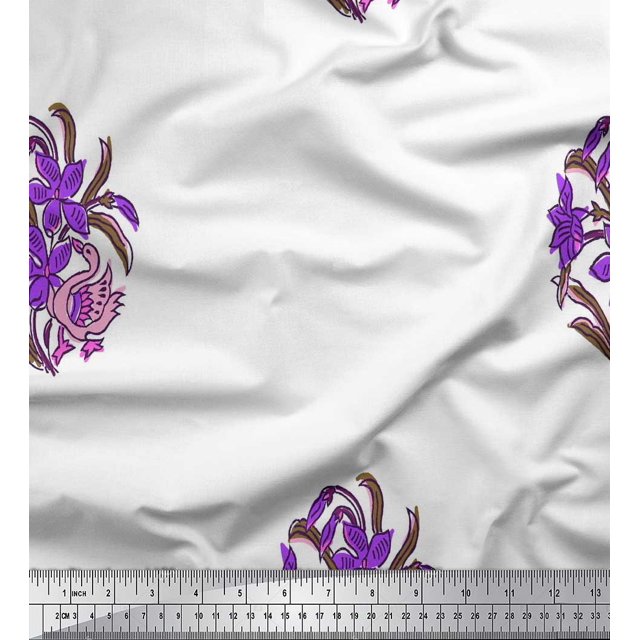 Soimoi Silk Fabric Leaves,Duck & Floral Block Printed Fabric 1 Yard 42 Inch Wide