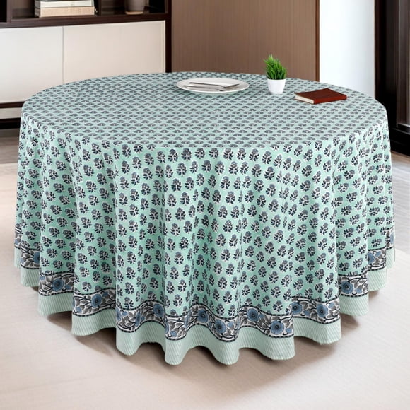 CPC Round Tablecloth- Cotton Indian Block Print Tablecloth -Handmade Printed Washable Cotton Table Cloth - Spring/Summer, Wedding Table Cover - Poppy Blue