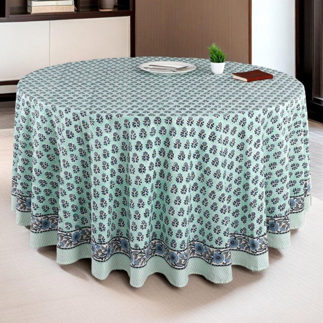 CPC Round Tablecloth- Cotton Indian Block Print Tablecloth -Handmade Printed Washable Cotton Table Cloth - Spring/Summer, Wedding Table Cover - Poppy Blue